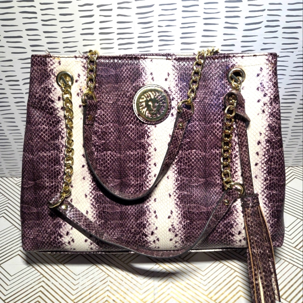 ANNE KLEIN Snake Skin White Purple Gold Accent Shoulder Bag Purse Faux Leather